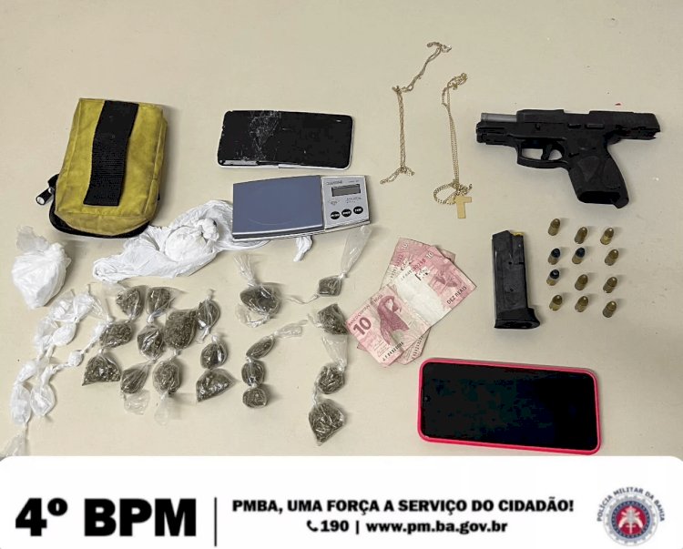 Alagoinhas: policiais do 4° BPM apreendem arma de fogo e drogas na rua do Catu